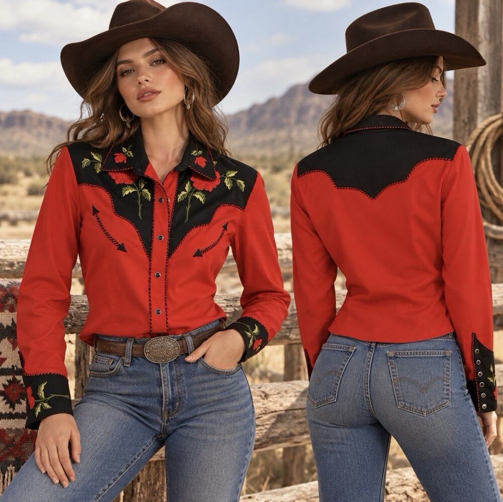 Panhandle Slim Red Black Embroidered Rose Western Snap Shirt Cowgirl Sz S USA